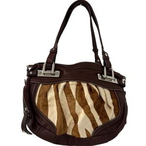 B.Makowsky Leather Zebra Print Fur Brown Silver Tone Hardware Shoulder Bag Y2K